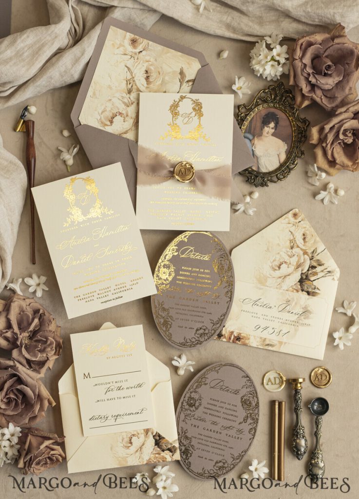 Vintage Baroque Wedding Invitation suite Beige Golden Fine art Roses Wedding Invitations with rsvp Victorian wedding crest Chinoiserie Invites Royal Ornamental frame