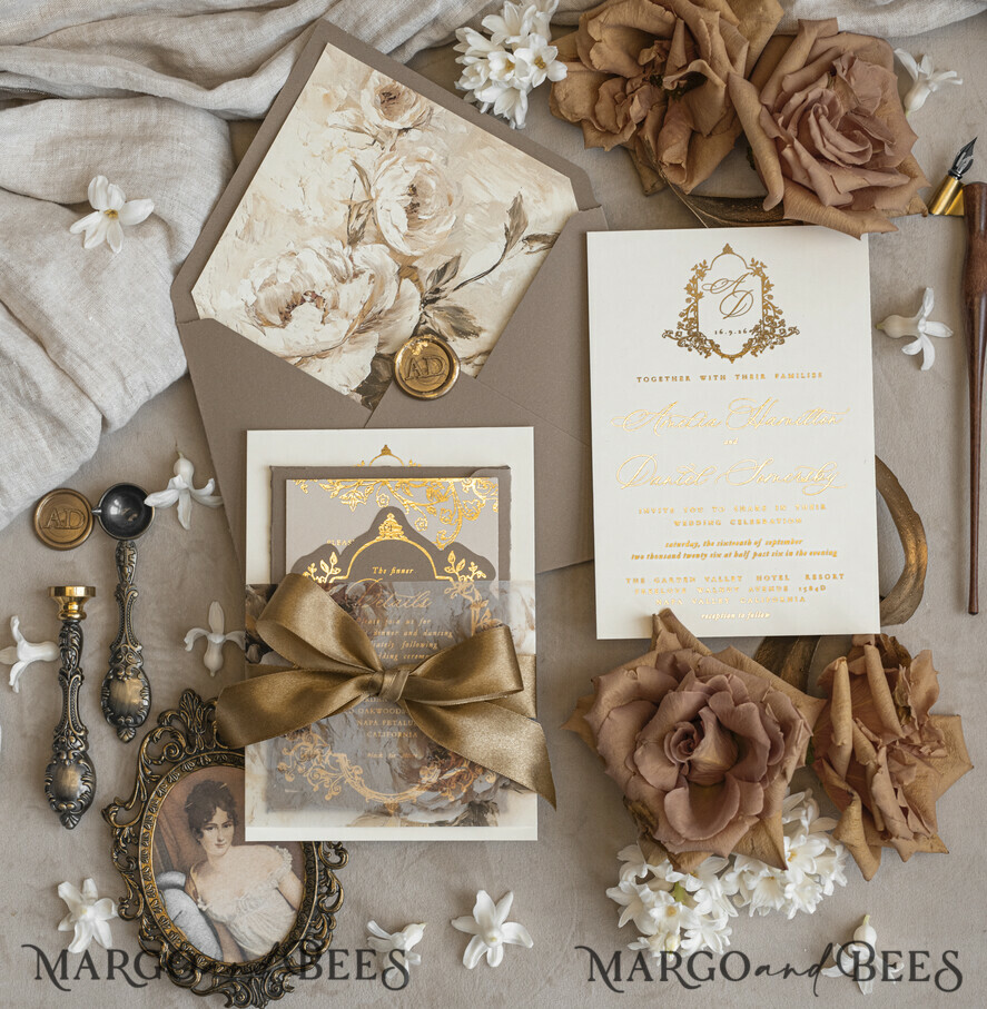 Vintage Baroque Wedding Invitation suite Beige Golden Fine art Roses Wedding Invitations with rsvp Victorian wedding crest Chinoiserie Invites Royal Ornamental frame