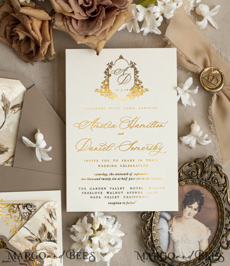 Vintage Baroque Wedding Invitation suite Beige Golden Fine art Roses Wedding Invitations with rsvp Victorian wedding crest Chinoiserie Invites Royal Ornamental frame