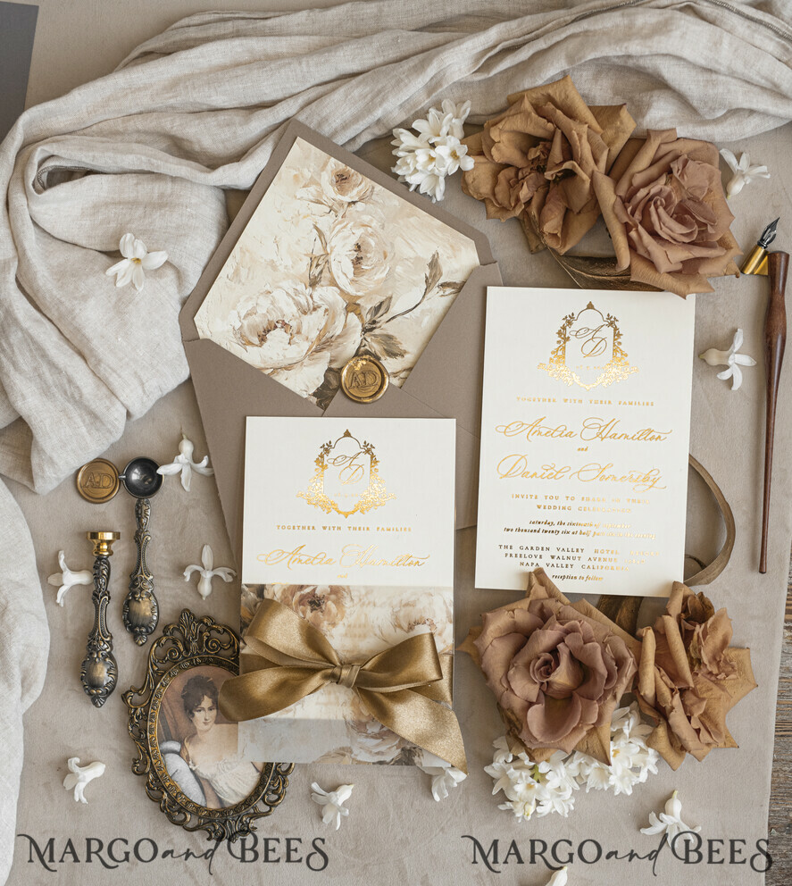 Vintage Baroque Wedding Invitation suite Beige Golden Fine art Roses Wedding Invitations with rsvp Victorian wedding crest Chinoiserie Invites Royal Ornamental frame