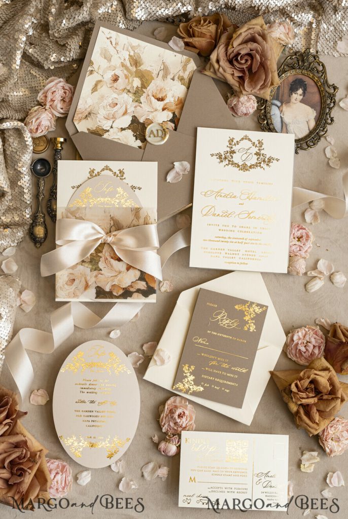 Vintage Baroque Wedding Invitation suite Beige Golden Fine art Roses Wedding Invitations with rsvp Victorian wedding crest Chinoiserie Invites Royal Ornamental frame