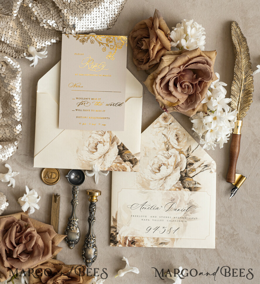 Vintage Baroque Wedding Invitation suite Beige Golden Fine art Roses Wedding Invitations with rsvp Victorian wedding crest Chinoiserie Invites Royal Ornamental frame