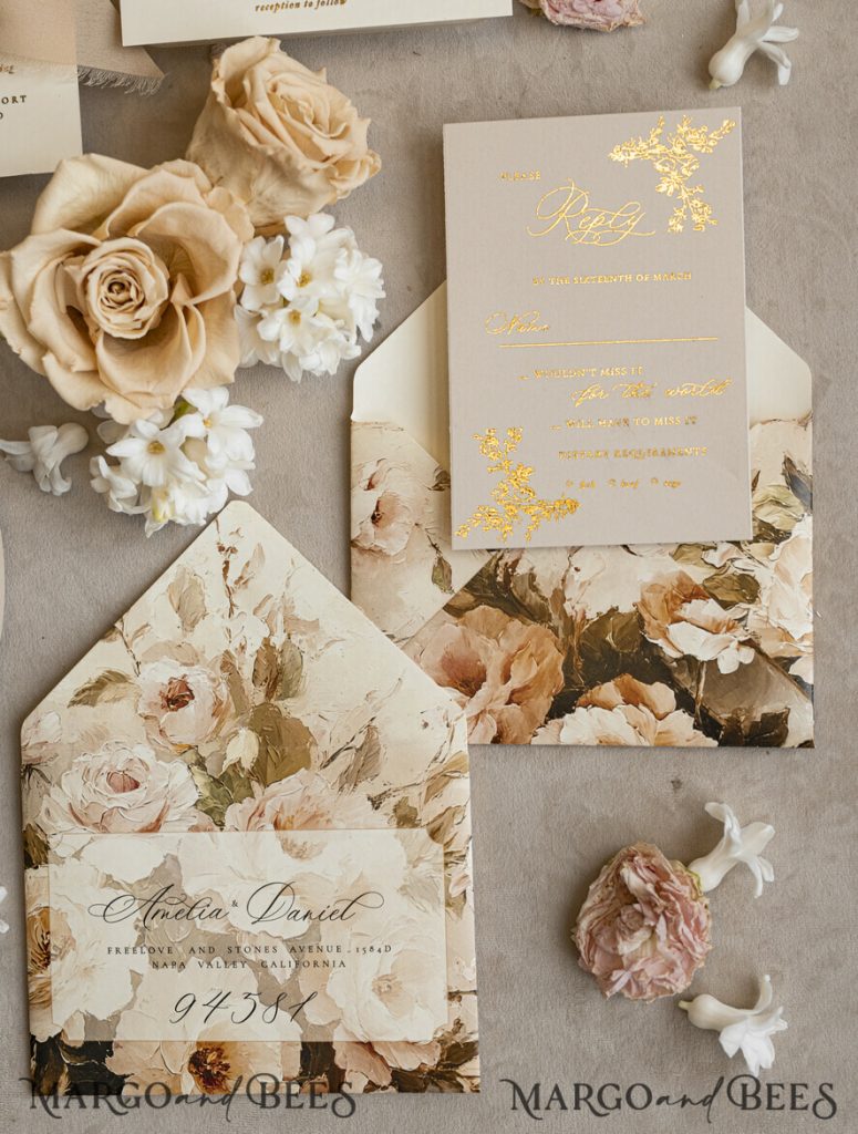 Vintage Baroque Wedding Invitation suite Beige Golden Fine art Roses Wedding Invitations with rsvp Victorian wedding crest Chinoiserie Invites Royal Ornamental frame