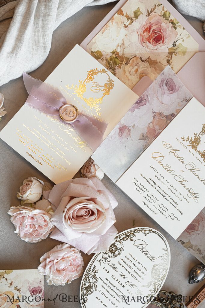 Vintage Baroque Wedding Invitation suite Beige Golden Fine art Roses Wedding Invitations with rsvp Victorian wedding crest Chinoiserie Invites Royal Ornamental frame