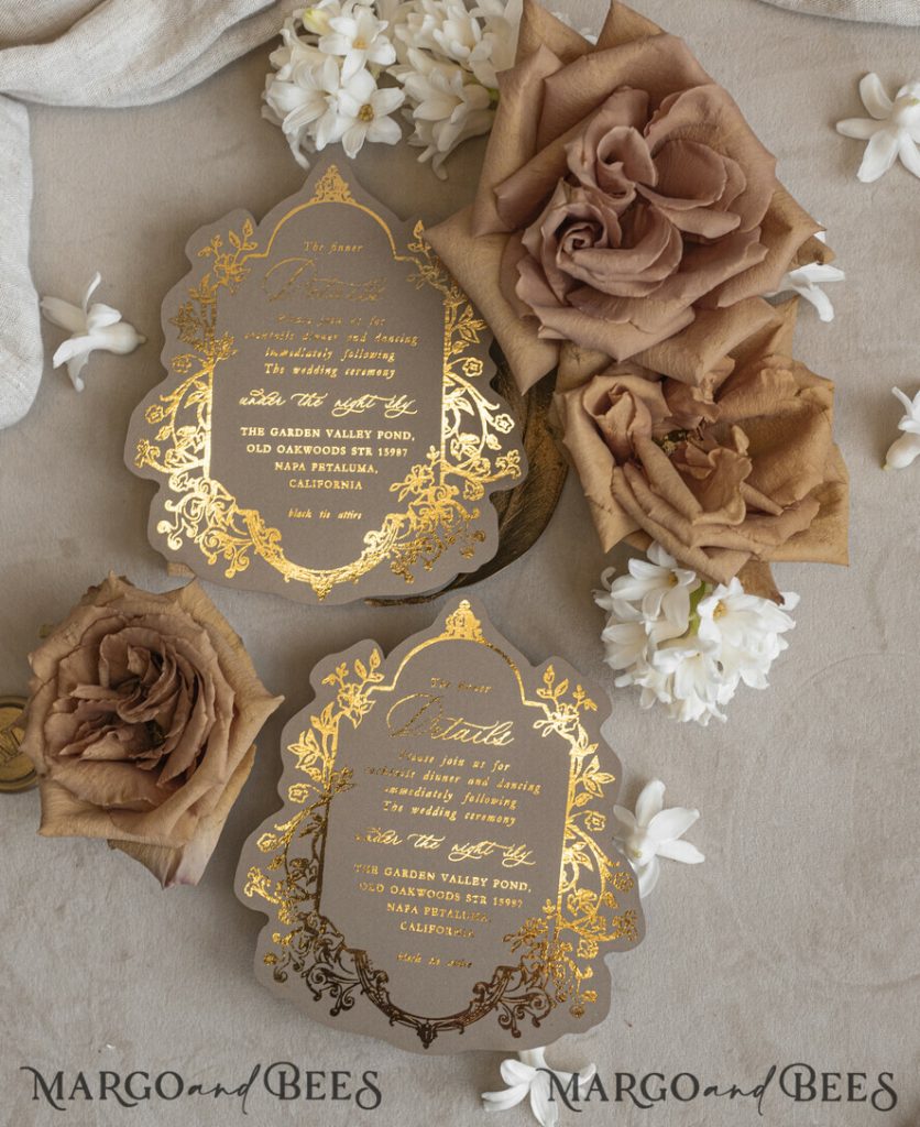 Vintage Baroque Wedding Invitation suite Beige Golden Fine art Roses Wedding Invitations with rsvp Victorian wedding crest Chinoiserie Invites Royal Ornamental frame