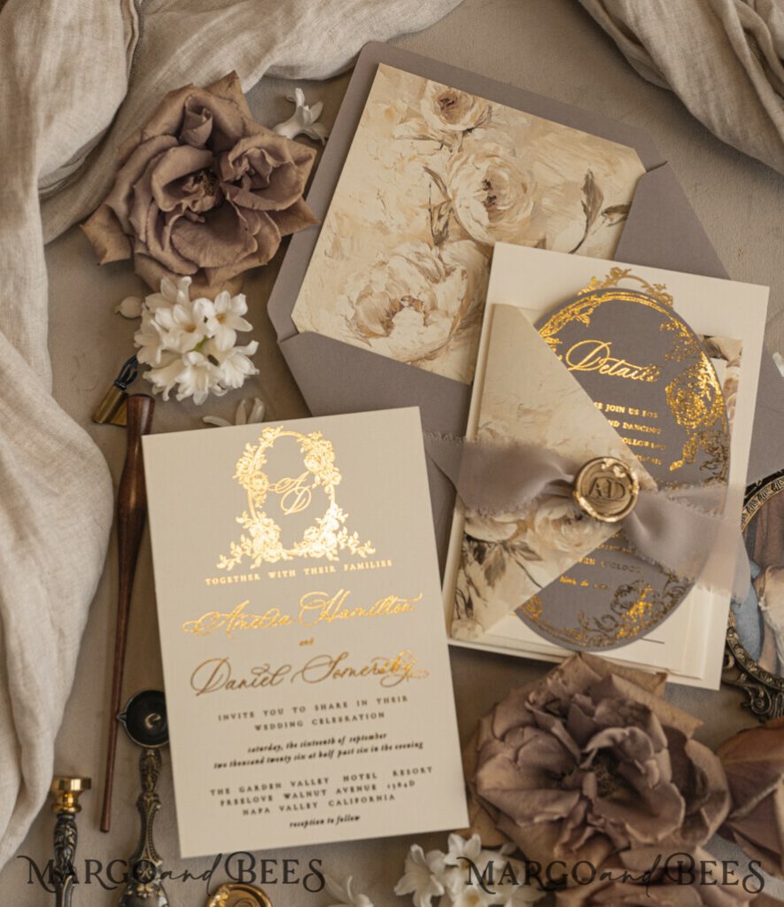 Vintage Baroque Wedding Invitation suite Beige Golden Fine art Roses Wedding Invitations with rsvp Victorian wedding crest Chinoiserie Invites Royal Ornamental frame