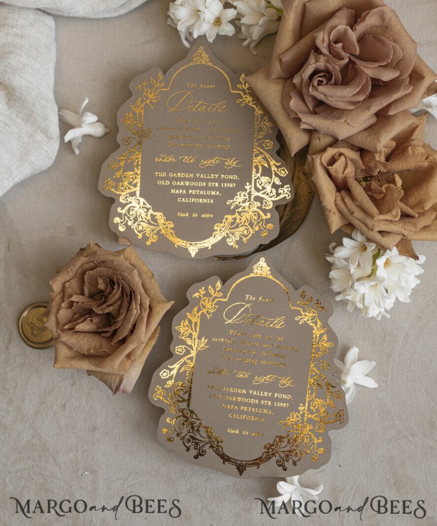 Vintage Baroque Wedding Invitation suite Beige Golden Fine art Roses Wedding Invitations with rsvp Victorian wedding crest Chinoiserie Invites Royal Ornamental frame