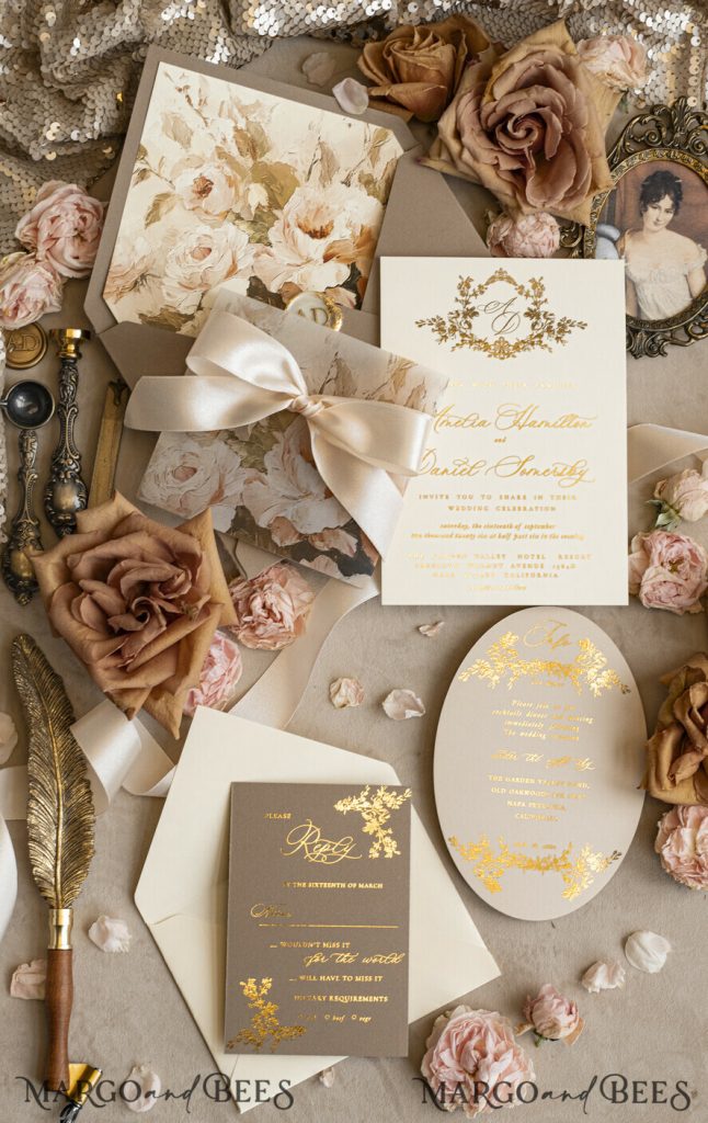 Vintage Baroque Wedding Invitation suite Beige Golden Fine art Roses Wedding Invitations with rsvp Victorian wedding crest Chinoiserie Invites Royal Ornamental frame