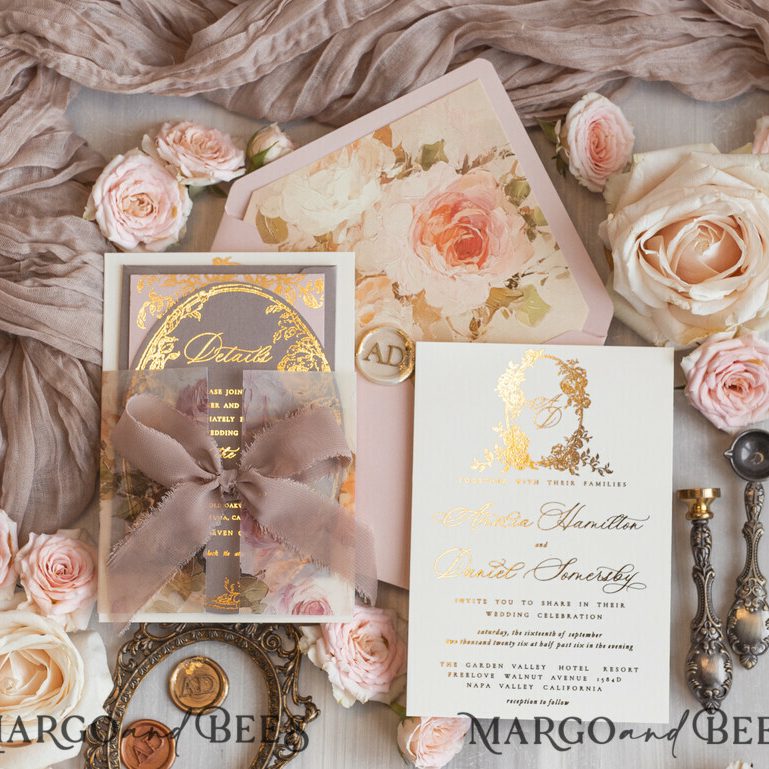 Vintage Baroque Wedding Invitation suite Beige Golden Fine art Roses Wedding Invitations with rsvp Victorian wedding crest Chinoiserie Invites Royal Ornamental frame