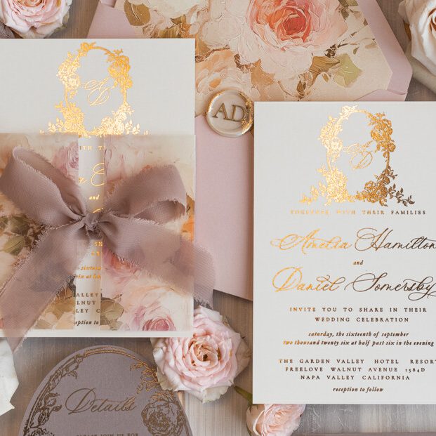 Vintage Baroque Wedding Invitation suite Beige Golden Fine art Roses Wedding Invitations with rsvp Victorian wedding crest Chinoiserie Invites Royal Ornamental frame