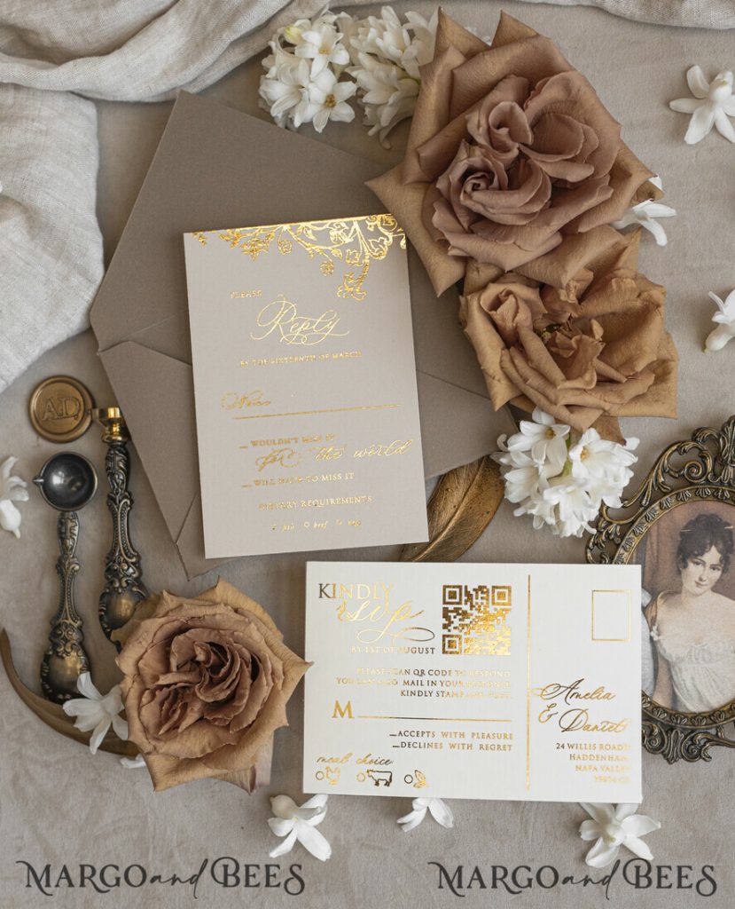 Vintage Baroque Wedding Invitation suite Beige Golden Fine art Roses Wedding Invitations with rsvp Victorian wedding crest Chinoiserie Invites Royal Ornamental frame