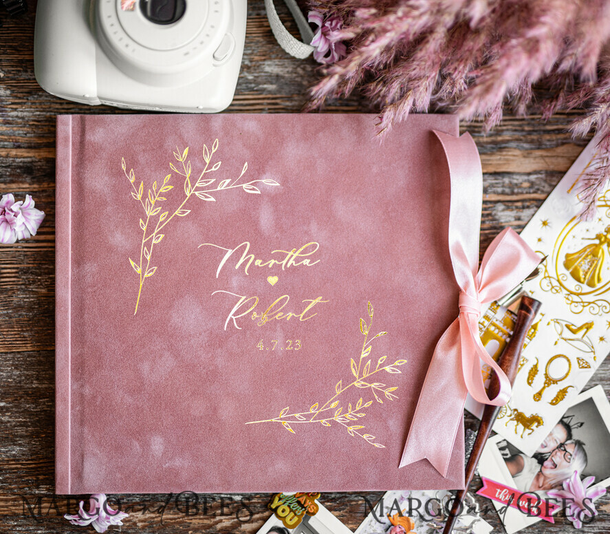 Elegant Blush Pink Instax velvet Wedding GuestBook Gold, Large Instant Wedding Guest Book, Polaroid velvet Guestbook Pink Golden wedding