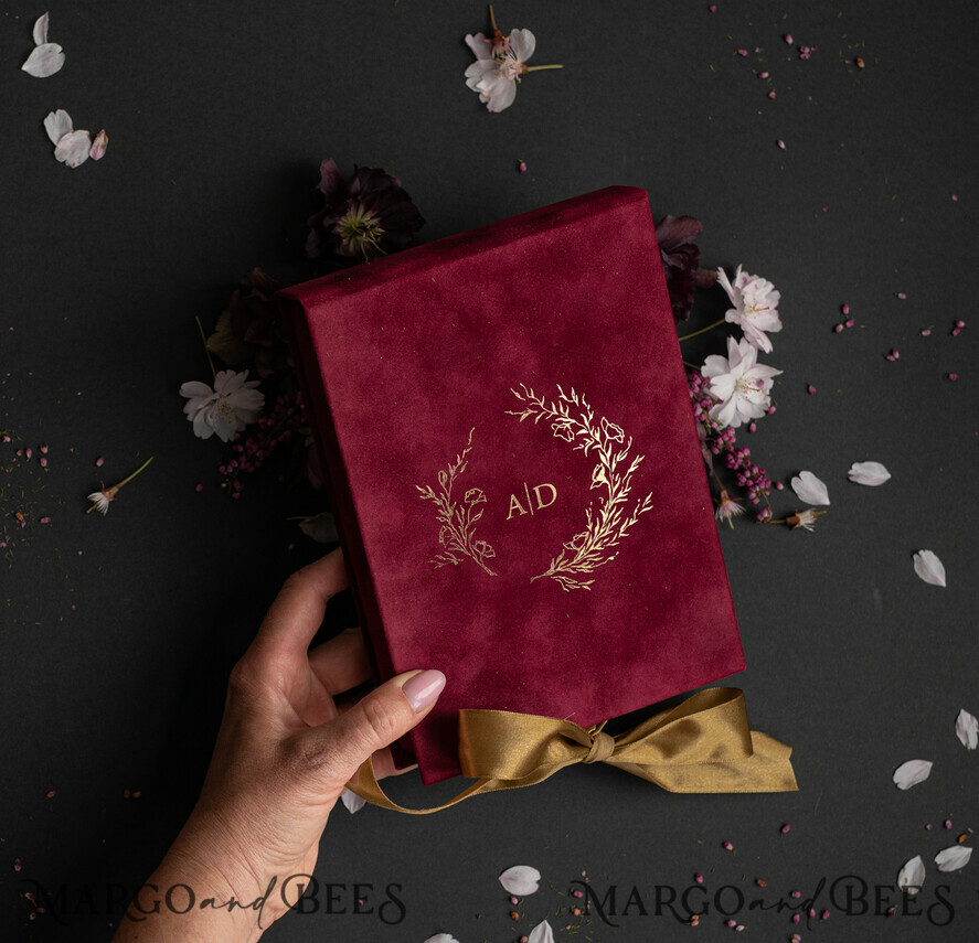 Burgundy Boxed Wedding Invitation set ,3D Golden Plexi Wedding Invitation Suite Luxury Box, Elegant Boho Velvet Wedding Cards, Bespoke Golden Invites