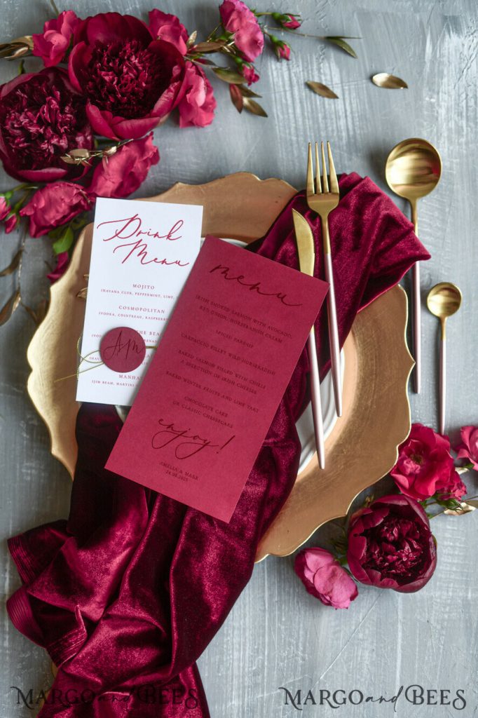 Romantic Red And White Wedding Menu, Elegant Handmade Minimalistic Wedding Menu Cards With Monogram Tag and Twine, Luxury Burgundy Wedding Dinner Menu Cards