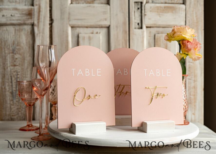 Pink Acrylic Table Numbers, Arched Table Numbers With Stand, Blush Pink And Gold Wedding Table Decor, 3D Golden Lettering Table Numbers, Blush Wedding Signage,