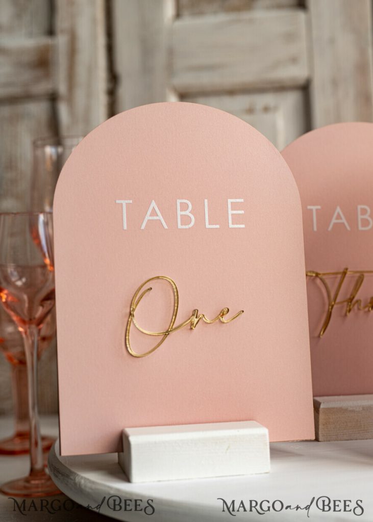 Pink Acrylic Table Numbers, Arched Table Numbers With Stand, Blush Pink And Gold Wedding Table Decor, 3D Golden Lettering Table Numbers, Blush Wedding Signage,