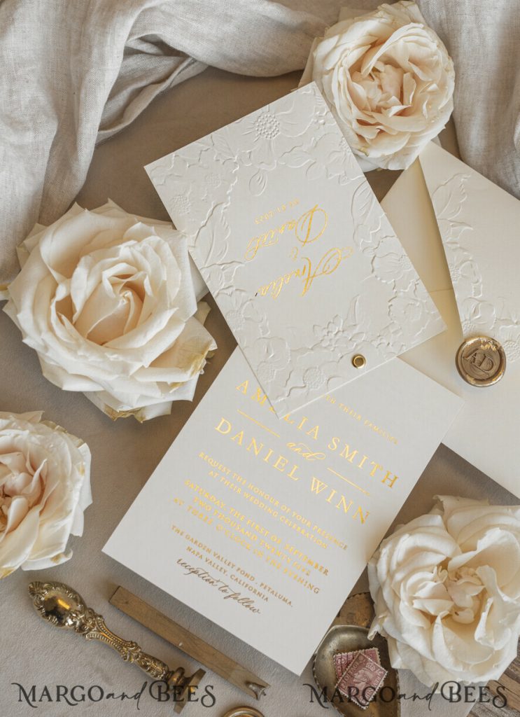 Fine Art Embossed Blind Ivory Gold Wedding Invitation with torn chiffon bow and dried flowers, Golden deboss Floral Wedding Invitation, Boho Ecru Debossed Invitation suite with mirror heart