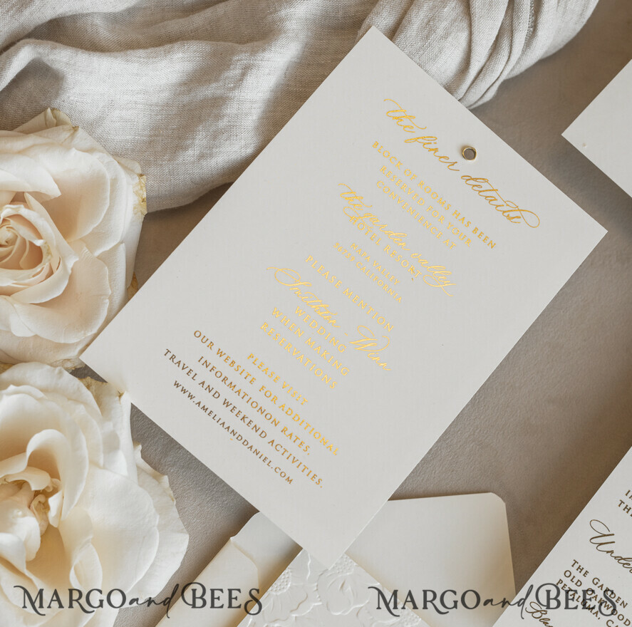 Fine Art Embossed Blind Ivory Gold Wedding Invitation with torn chiffon bow and dried flowers, Golden deboss Floral Wedding Invitation, Boho Ecru Debossed Invitation suite with mirror heart