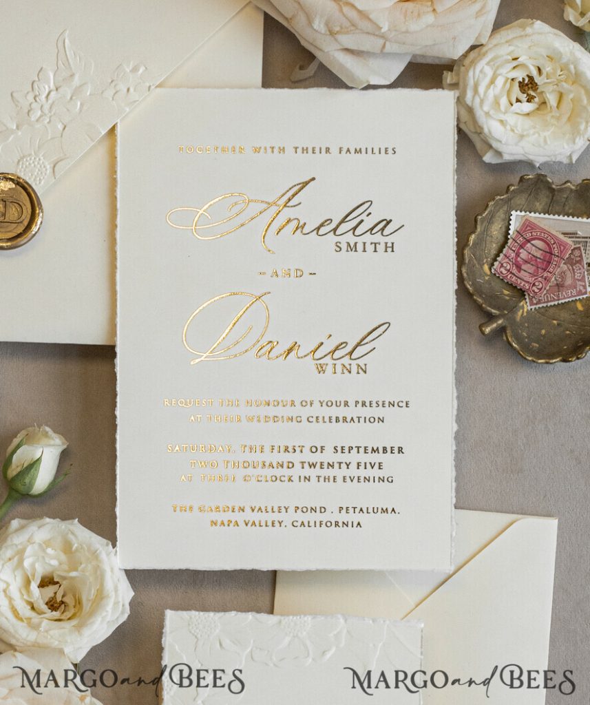 Fine Art Embossed Blind Ivory Gold Wedding Invitation with torn chiffon bow and dried flowers, Golden deboss Floral Wedding Invitation, Boho Ecru Debossed Invitation suite with mirror heart
