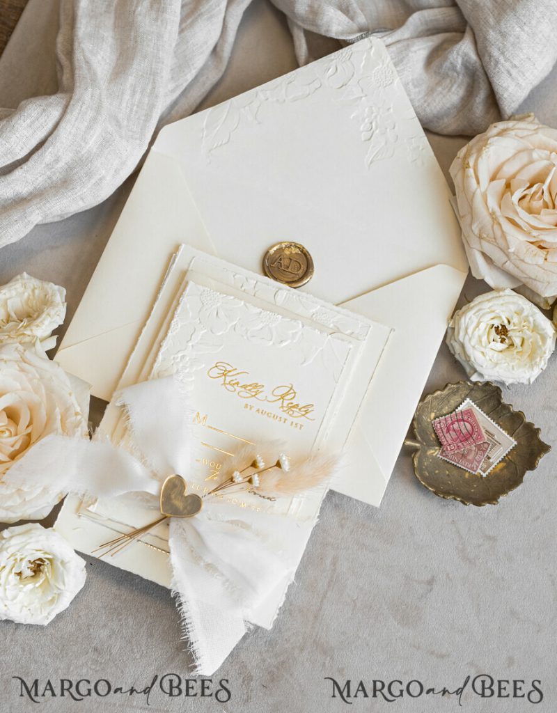 Fine Art Embossed Blind Ivory Gold Wedding Invitation with torn chiffon bow and dried flowers, Golden deboss Floral Wedding Invitation, Boho Ecru Debossed Invitation suite with mirror heart
