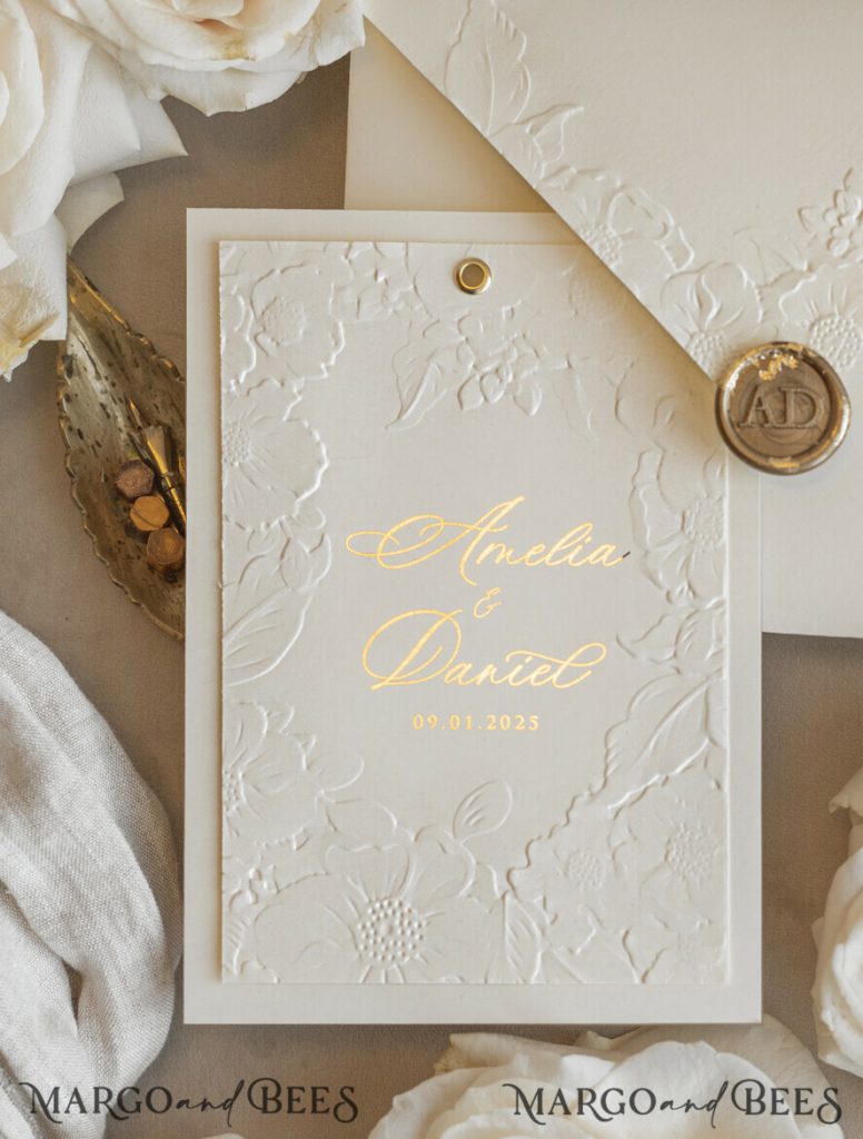 Fine Art Embossed Blind Ivory Gold Wedding Invitation with torn chiffon bow and dried flowers, Golden deboss Floral Wedding Invitation, Boho Ecru Debossed Invitation suite with mirror heart