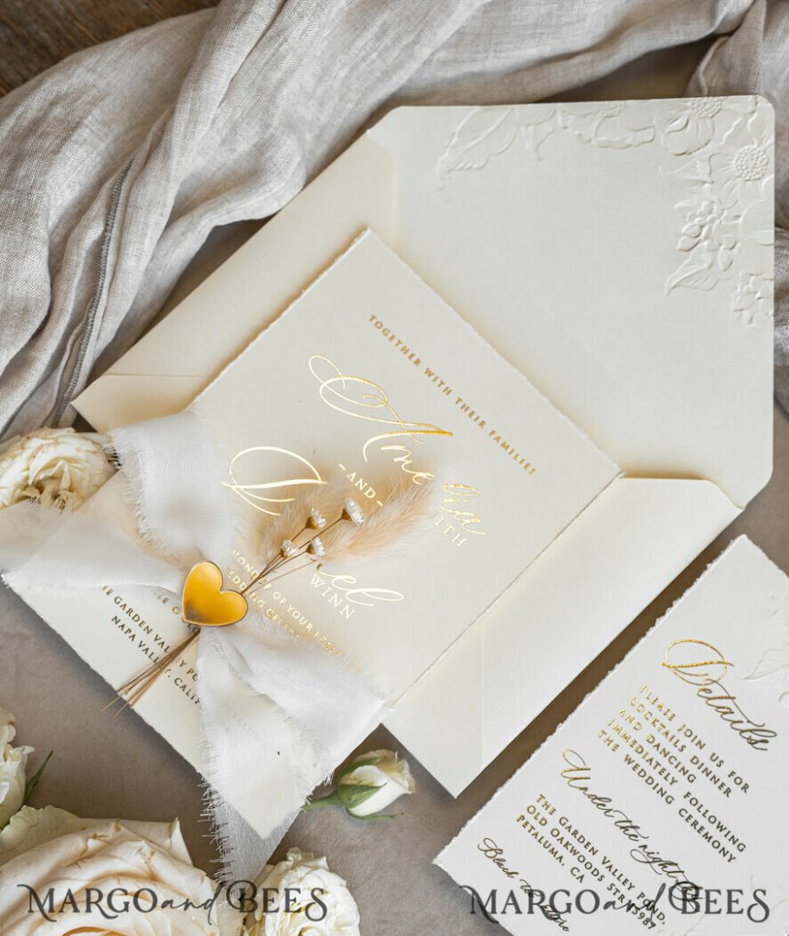 Fine Art Embossed Blind Ivory Gold Wedding Invitation with torn chiffon bow and dried flowers, Golden deboss Floral Wedding Invitation, Boho Ecru Debossed Invitation suite with mirror heart
