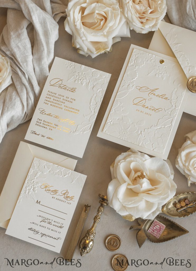 Fine Art Embossed Blind Ivory Gold Wedding Invitation with torn chiffon bow and dried flowers, Golden deboss Floral Wedding Invitation, Boho Ecru Debossed Invitation suite with mirror heart