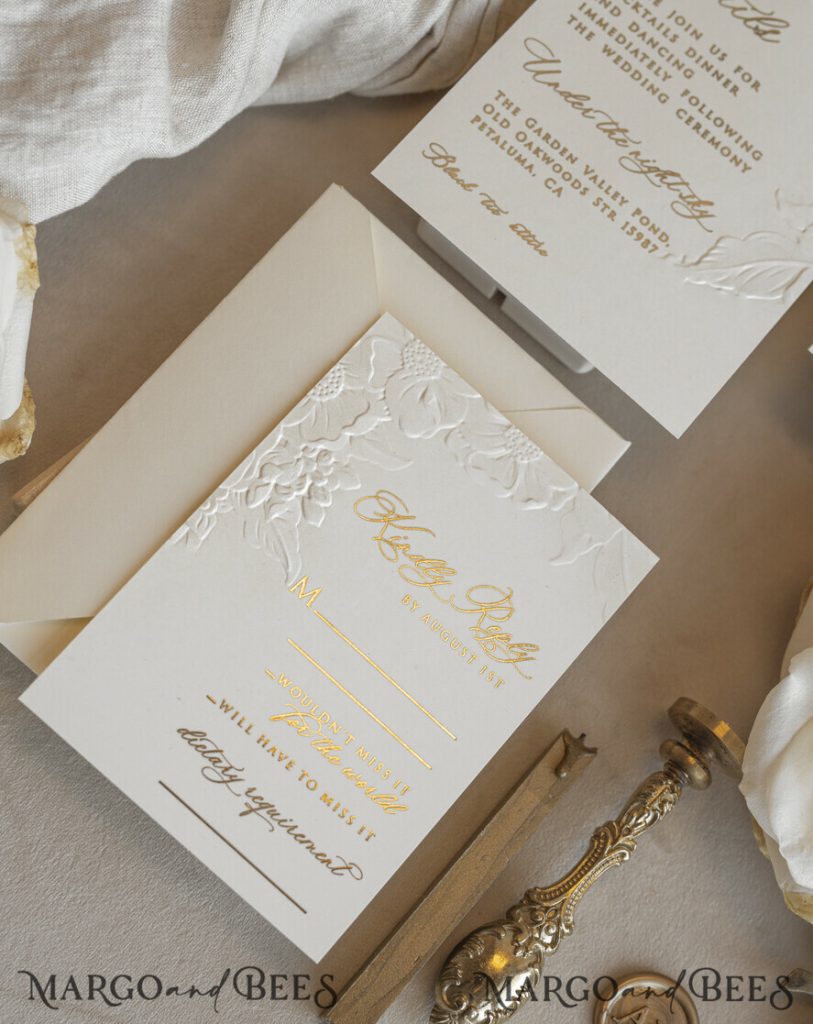 Fine Art Embossed Blind Ivory Gold Wedding Invitation with torn chiffon bow and dried flowers, Golden deboss Floral Wedding Invitation, Boho Ecru Debossed Invitation suite with mirror heart