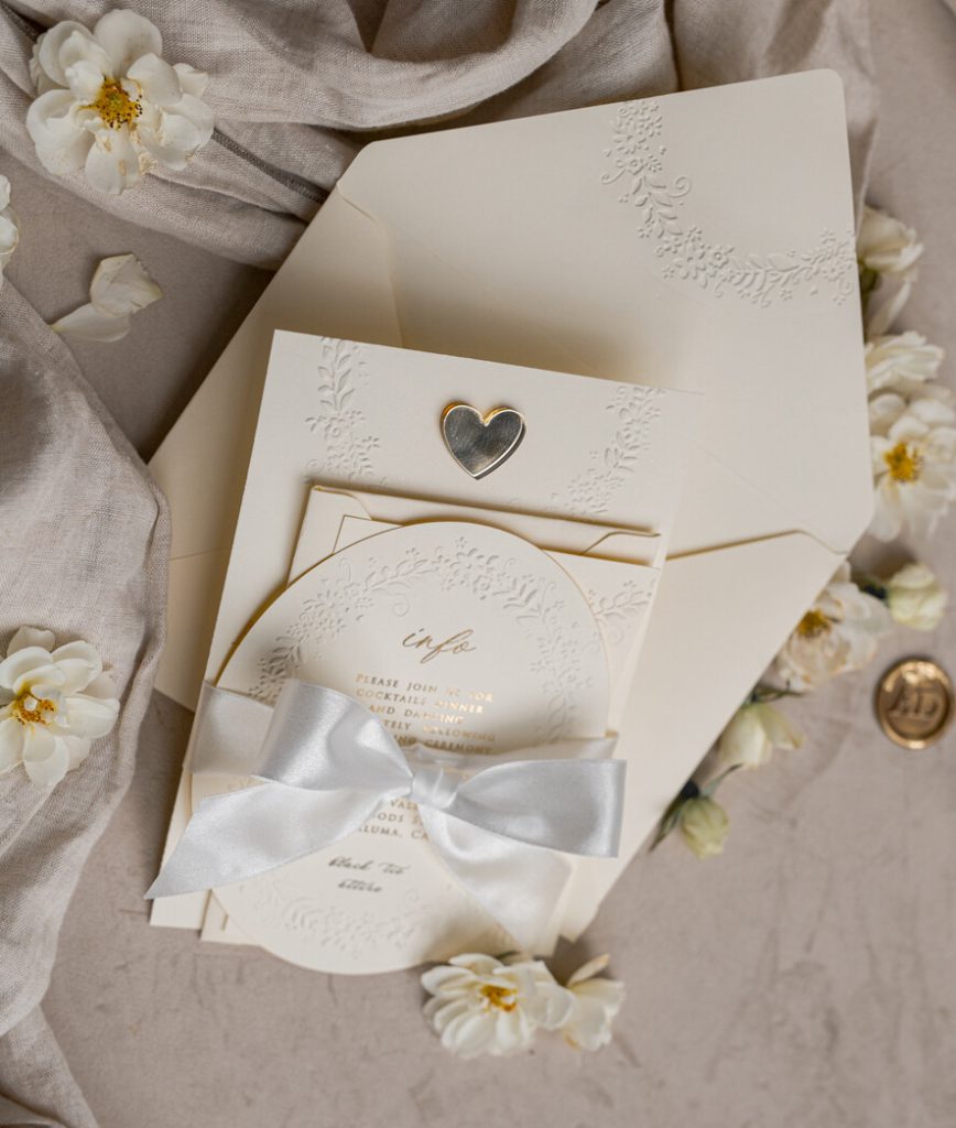 Fine Art Embossed Blind Ivory Gold Wedding Invitation, Golden deboss Floral Wedding Invitation, Boho Ecru Debossed Invitation suite, Cotton paper wedding invitation suite with mirror heart