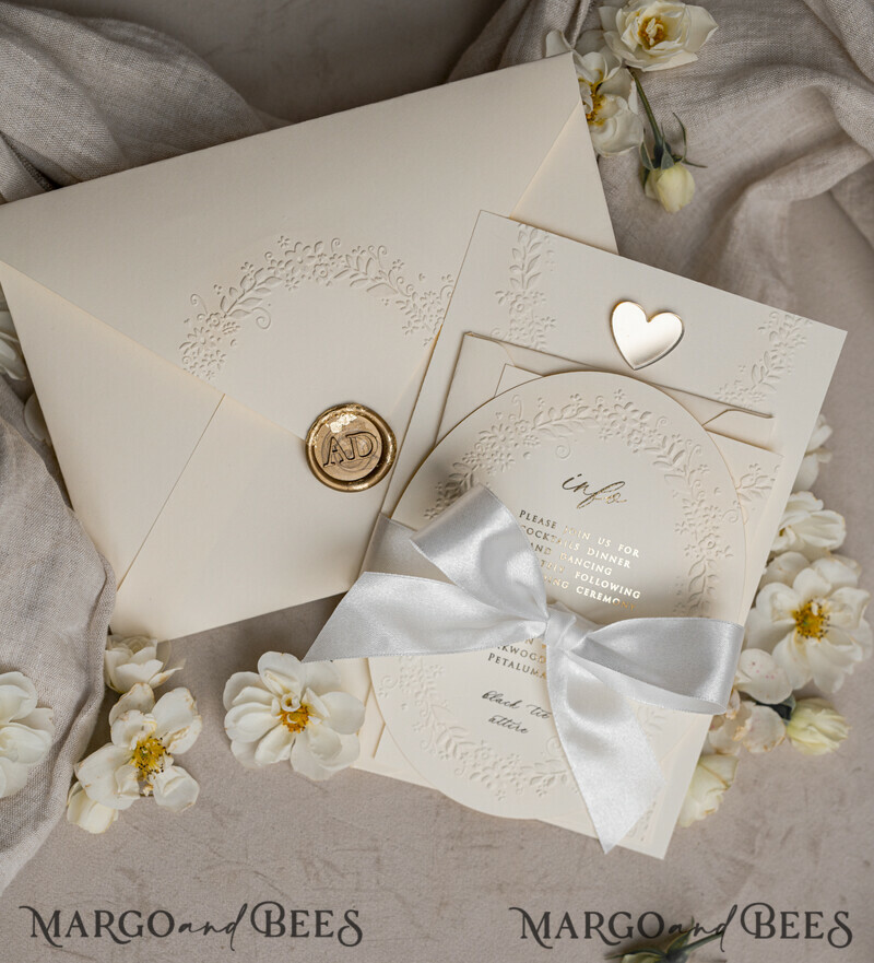 Fine Art Embossed Blind Ivory Gold Wedding Invitation, Golden deboss Floral Wedding Invitation, Boho Ecru Debossed Invitation suite, Cotton paper wedding invitation suite with mirror heart