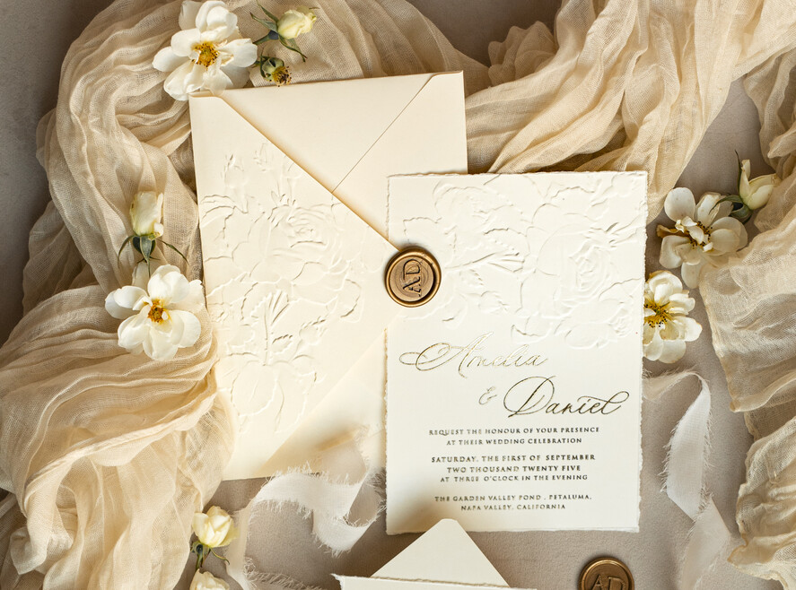 Fine Art Embossed Ivory Gold Wedding Invitation with torn chiffone bow, Golden deboss Roses Floral Wedding Invitation,