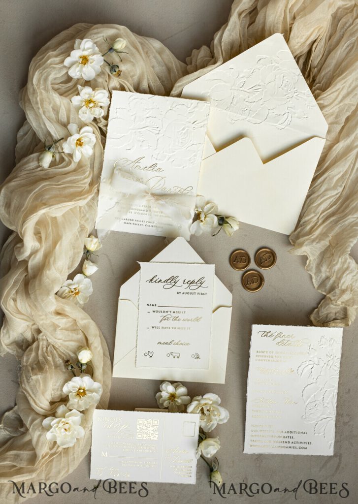 Fine Art Embossed Ivory Gold Wedding Invitation with torn chiffone bow, Golden deboss Roses Floral Wedding Invitation,