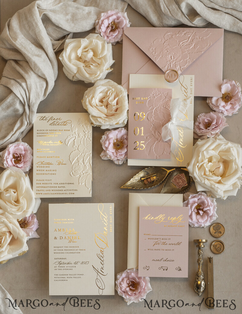 Blush Gold Wedding Invitation with chiffon torn bow, Wrapping Golden Elegant Roses Floral Wedding Invitation with 3D embossed flowers