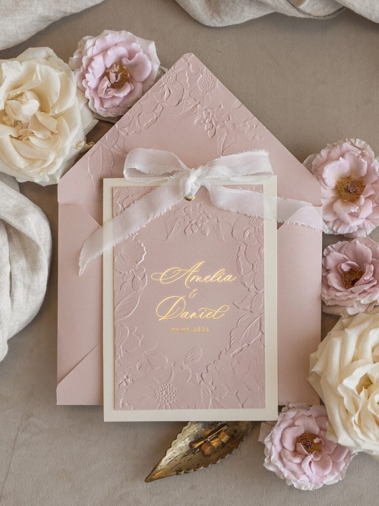 Fine Art Embossed Blind Ivory Gold Wedding Invitation with torn chiffon bow and dried flowers, Golden deboss Floral Wedding Invitation, Boho Ecru Debossed Invitation suite with mirror heart