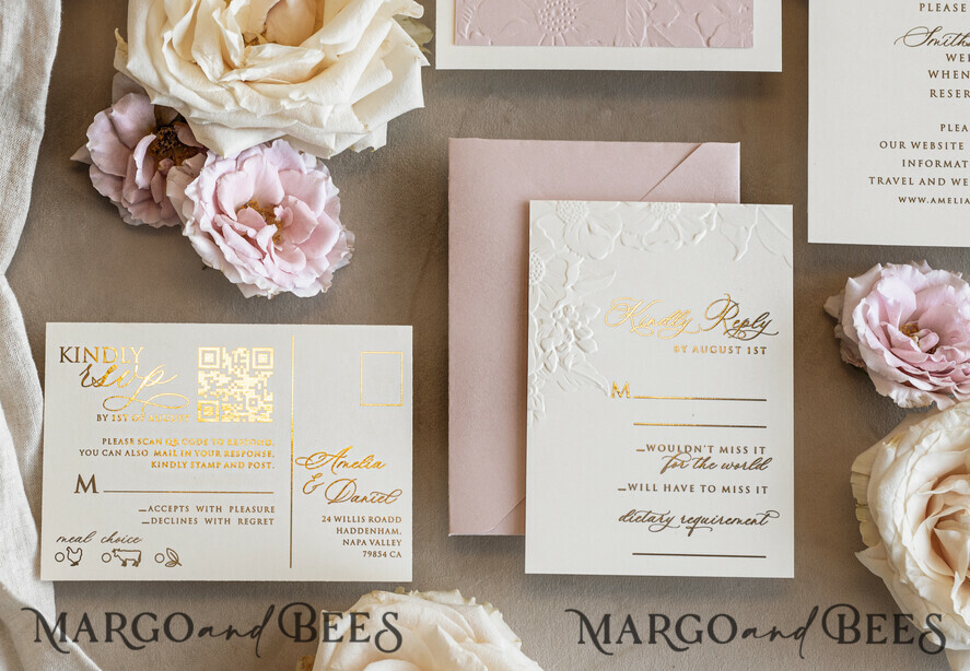 Fine Art Embossed Blind Ivory Gold Wedding Invitation with torn chiffon bow and dried flowers, Golden deboss Floral Wedding Invitation, Boho Ecru Debossed Invitation suite with mirror heart