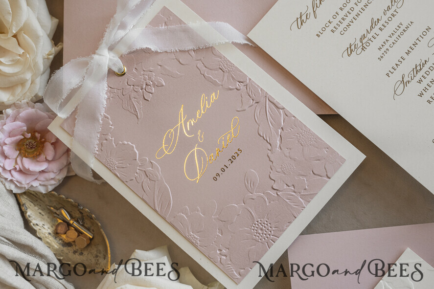 Fine Art Embossed Blind Ivory Gold Wedding Invitation with torn chiffon bow and dried flowers, Golden deboss Floral Wedding Invitation, Boho Ecru Debossed Invitation suite with mirror heart