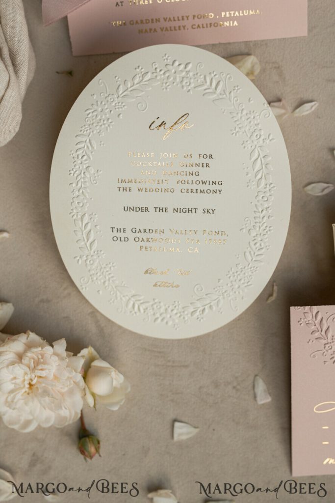 Fine Art Embossed Blind Ivory Gold Wedding Invitation, Golden deboss Floral Wedding Invitation, Boho Ecru Debossed Invitation suite, Cotton paper wedding invitation suite with mirror heart