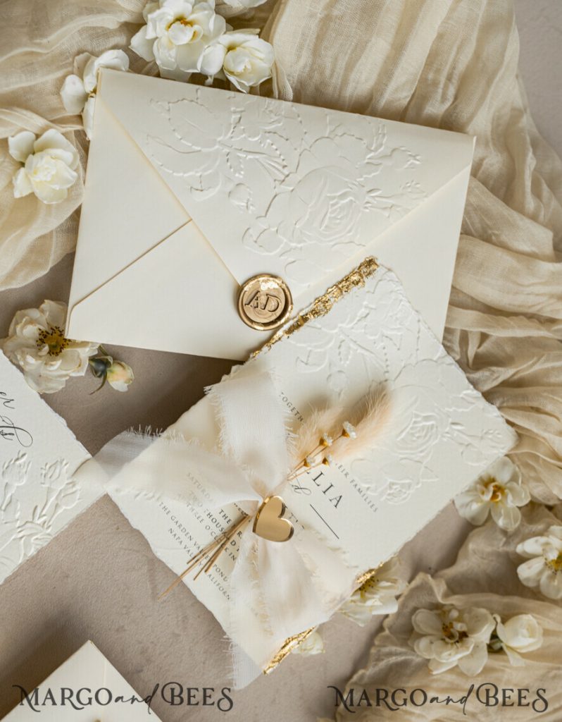 Fine Art Embossed Ivory Gold Wedding Invitation with torn chiffone bow, Golden deboss Roses Floral Wedding Invitation,