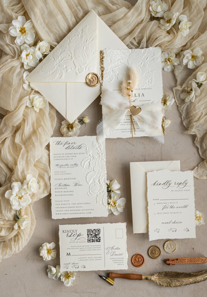 Fine Art Embossed Ivory Gold Wedding Invitation with torn chiffone bow, Golden deboss Roses Floral Wedding Invitation,