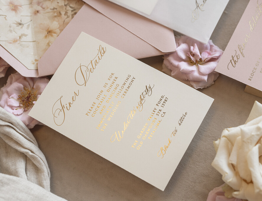 Whimsical Blush Gold Wedding Invitation with vellum etui natural dierd flowers pampass gras, Garden Elegant Floral Wedding Invitation with mirror gold heart