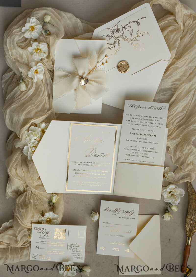 Folder Ivory Gold Wedding Invitation with chiffon torn bow and natural dried flowers , Golden Elegant Roses Floral Wedding Invitation with golden mirror heart