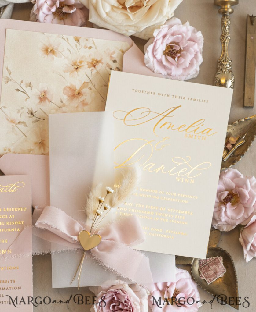 Whimsical Blush Gold Wedding Invitation with vellum jacket chiffon bow nad natural dierd flowers, Garden Elegant Floral Wedding Invitation with mirror gold heart