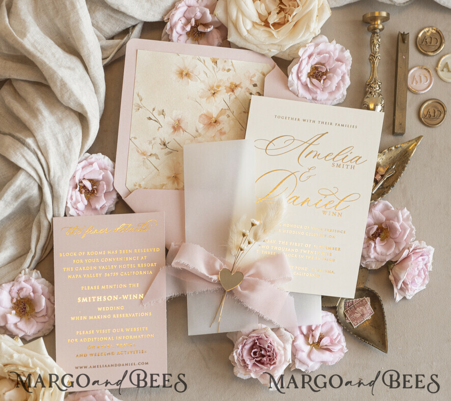 Whimsical Blush Gold Wedding Invitation with vellum jacket chiffon bow nad natural dierd flowers, Garden Elegant Floral Wedding Invitation with mirror gold heart