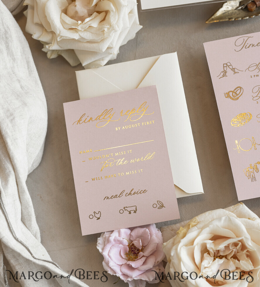 Whimsical Blush Gold Wedding Invitation with chiffon bow, Garden Elegant Floral Wedding Invitation