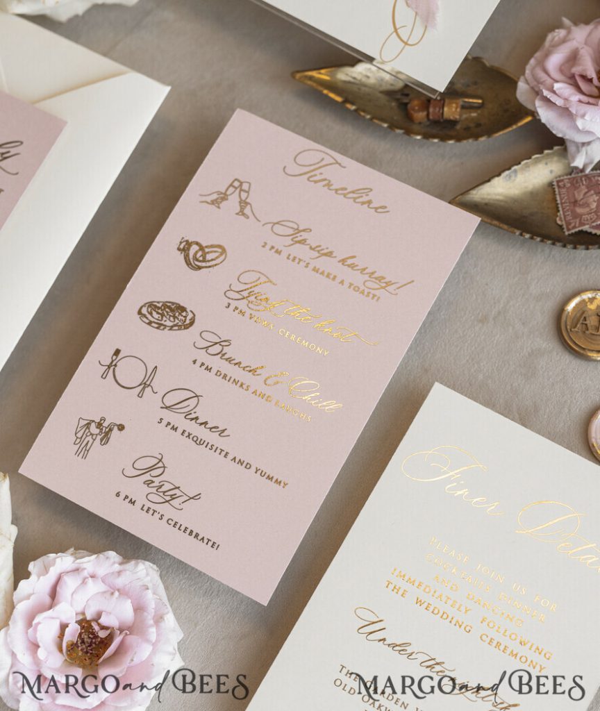 Whimsical Blush Gold Wedding Invitation with chiffon bow, Garden Elegant Floral Wedding Invitation