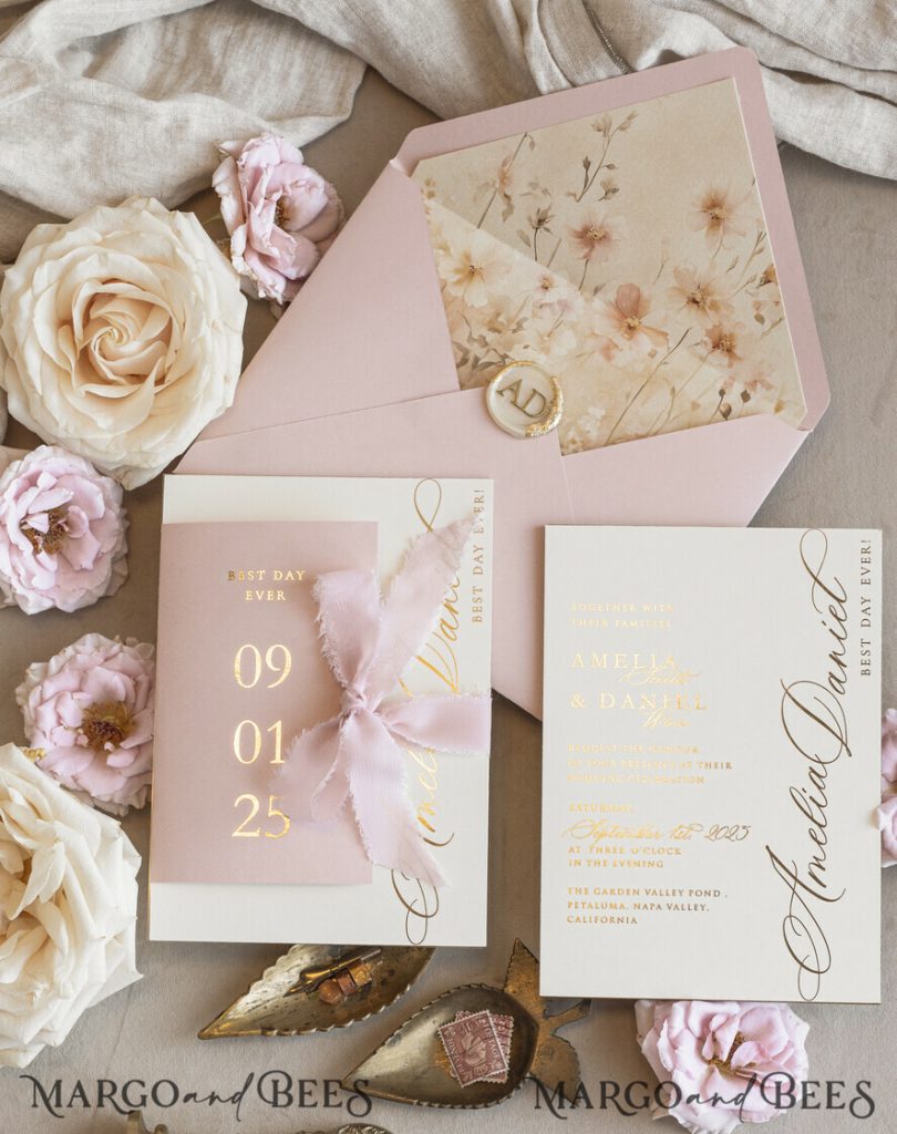 Whimsical Blush Gold Wedding Invitation with chiffon bow, Garden Elegant Floral Wedding Invitation