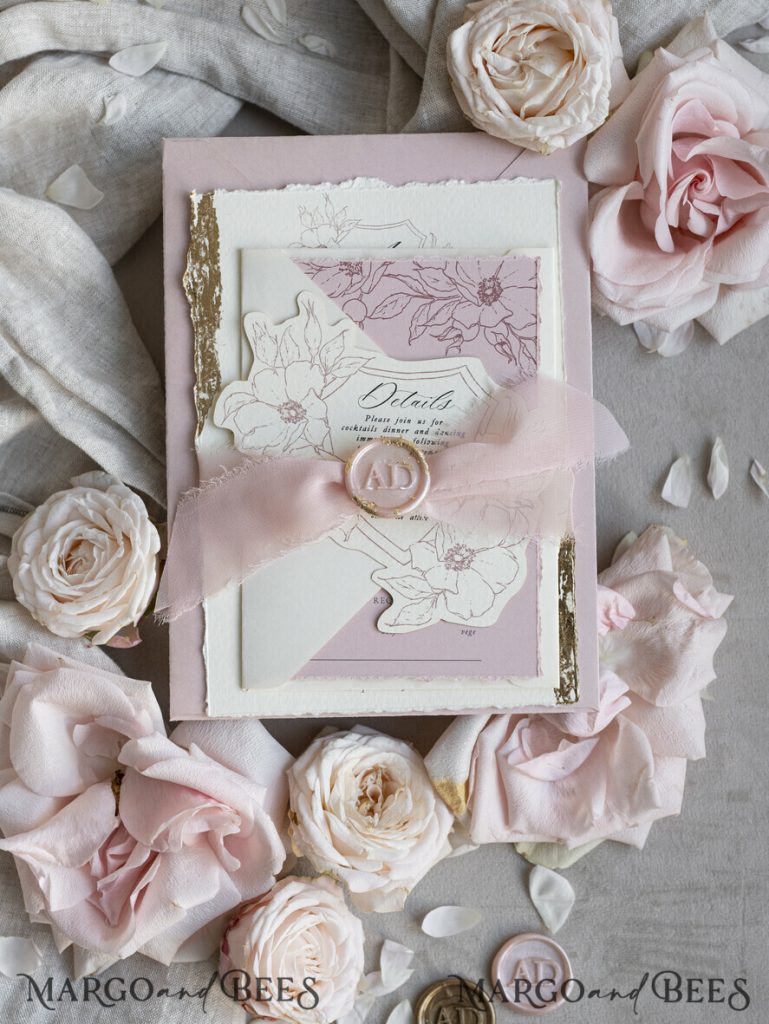 Vintage Floral Crest Monogram Blush Wedding Invitation with chiffon torn bow, French Provence Garden Elegant Floral Wedding Invitation suite Deckled Torn edges , Elegant Toile de Jouy & Baroque Invitation set