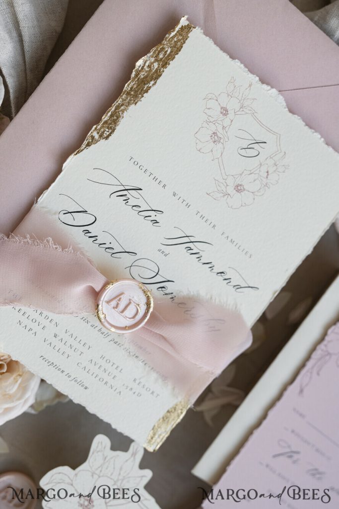 Vintage Floral Crest Monogram Blush Wedding Invitation with chiffon torn bow, French Provence Garden Elegant Floral Wedding Invitation suite Deckled Torn edges , Elegant Toile de Jouy & Baroque Invitation set