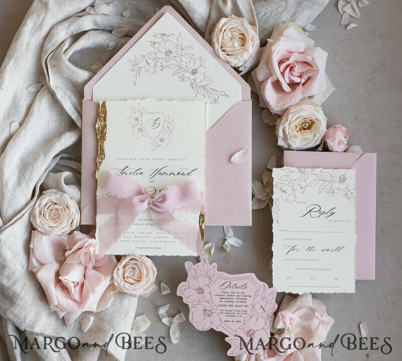 Vintage Floral Crest Monogram Blush Wedding Invitation with chiffon torn bow, French Provence Garden Elegant Floral Wedding Invitation suite Deckled Torn edges , Elegant Toile de Jouy & Baroque Invitation set