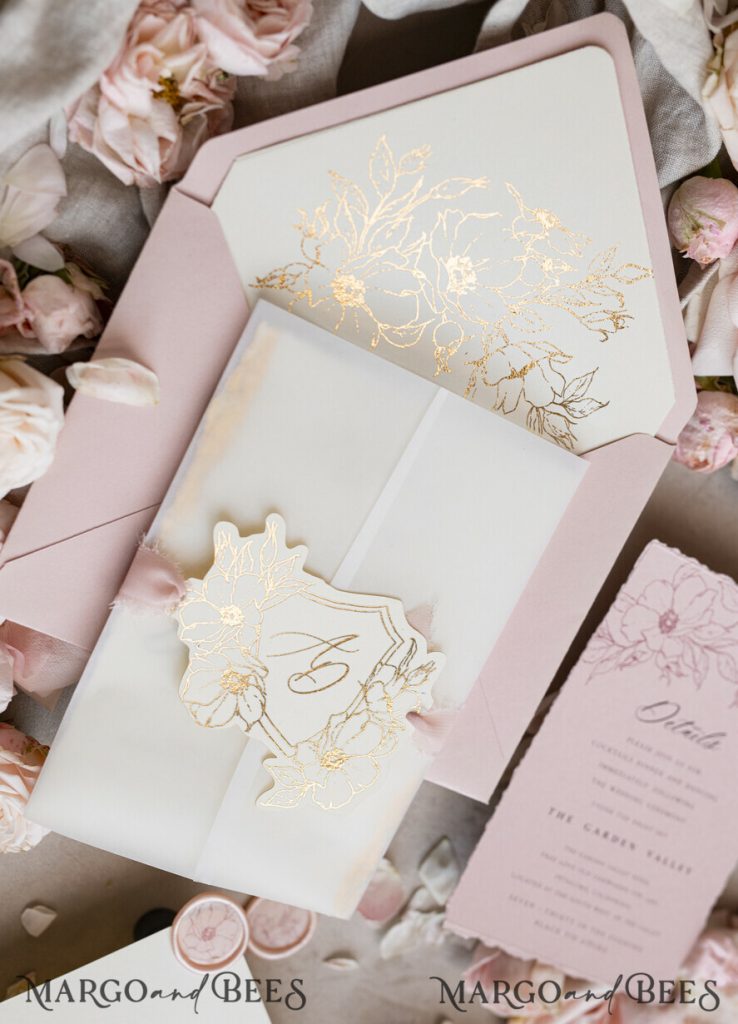 Vintage Floral golden Crest Monogram Blush Wedding Invitation with chiffon torn bow, French Provence Garden Elegant Floral Wedding Invitation suite Deckled Torn edges , Elegant Toile de Jouy & Baroque Invitation set